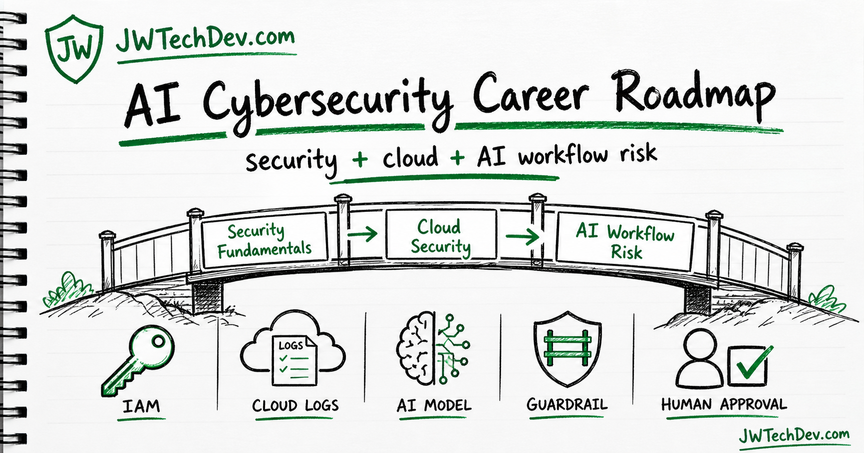 Hand-drawn AI cybersecurity career roadmap showing security fundamentals, cloud security, and AI workflow risk