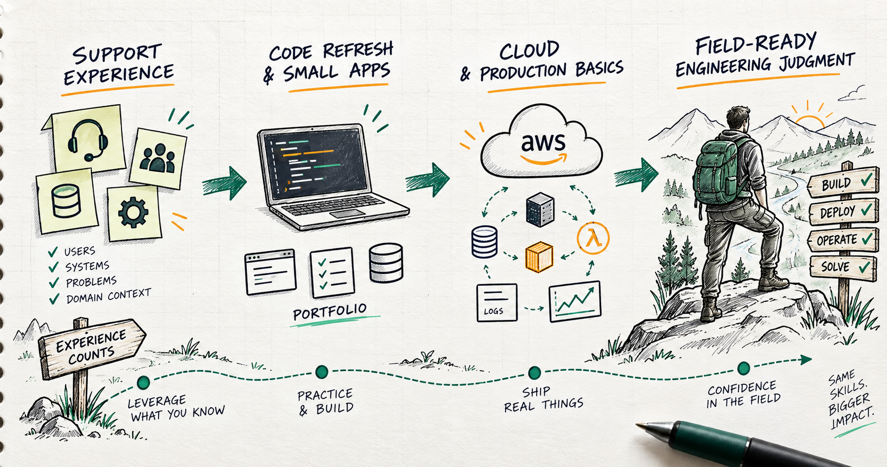Hand-drawn roadmap from support experience to portfolio projects, cloud production basics, and field-ready engineering judgment