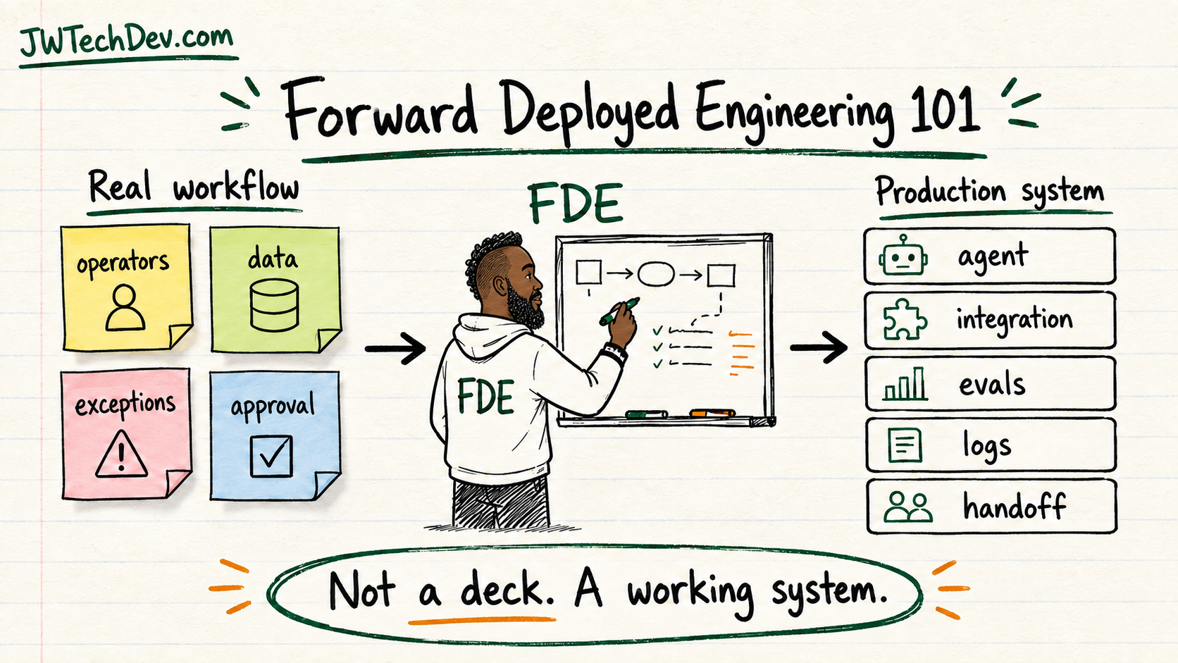 Hand-drawn diagram showing a forward deployed engineer translating real workflow notes into a production system with agents, integrations, evals, logs, and handoff