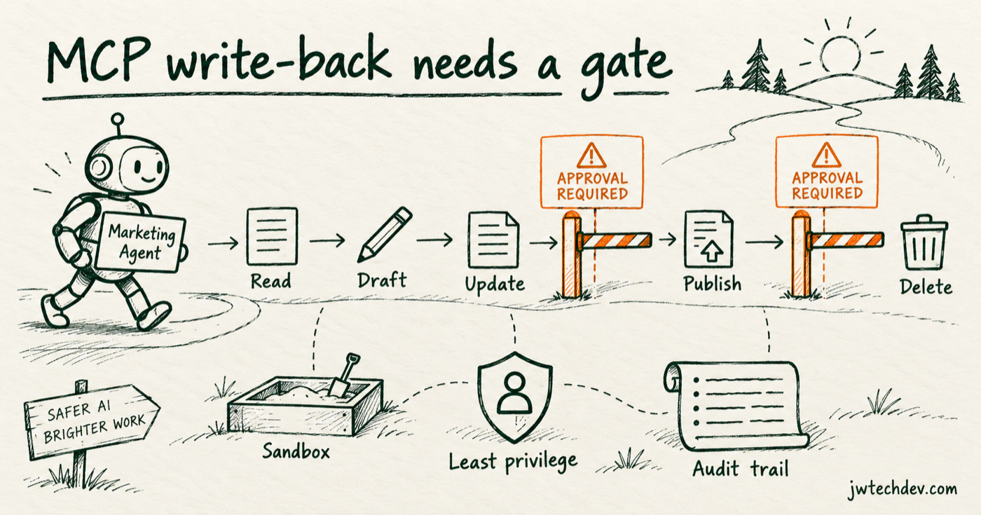 Hand-drawn risk ladder for marketing MCP operations from read and draft through update, publish, and delete