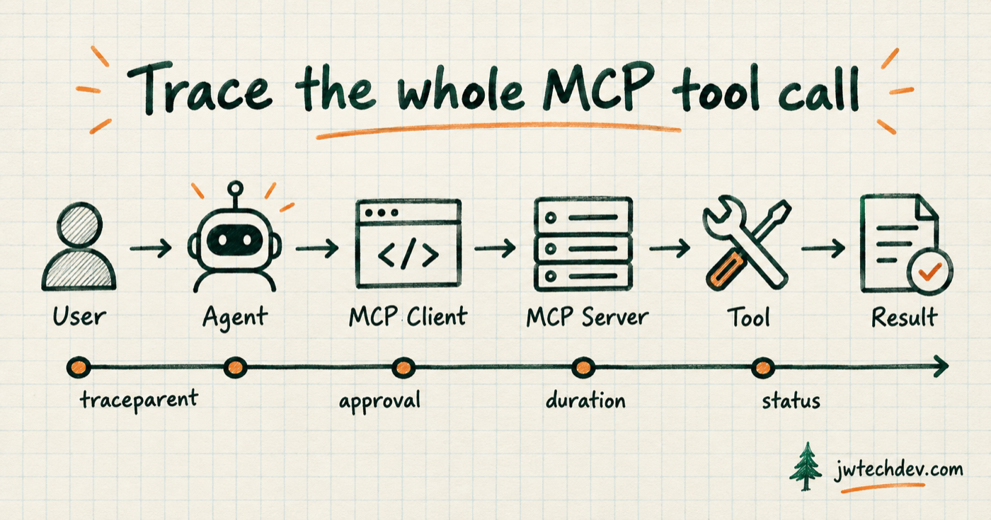 Hand-drawn end-to-end MCP tool call trace from user through agent, client, server, tool, and result