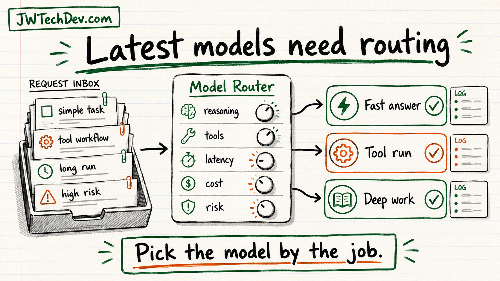 Hand-drawn diagram showing request types routed through a model router by reasoning, tools, latency, cost, and risk