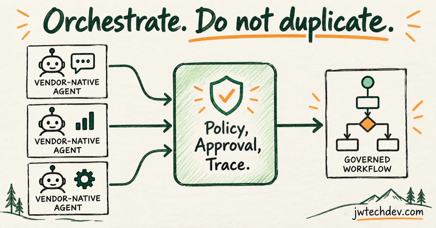 Hand-drawn diagram showing vendor-native agents flowing through policy, approval, and trace controls into one governed workflow